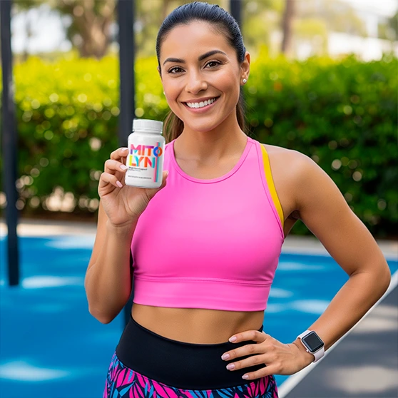 A smiling woman in workout clothes holds a bottle of Mitolyn supplement review in an outdoor setting that suggests a workout area.