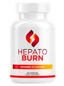 White bottle of "Hepato Burn" supplement. The label features a red and orange flame-shaped logo above the name "HEPATO BURN" in capital letters, with the tagline "POWERED BY NATURE" below in a red to yellow gradient. The bottom of the label is red and states that it contains 60 capsules and is a dietary supplement.