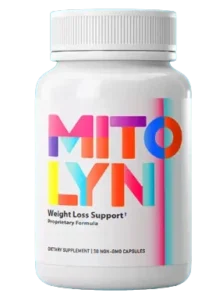 A white bottle of the "Mitolyn" weight loss support supplement. The label features the product name in uppercase letters with a colorful, geometric design. Below, it indicates that it is a dietary supplement containing 30 non-GMO capsules.

