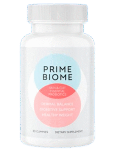 A bottle of the "Prime Biome" probiotic supplement, focusing on skin and gut health. The label highlights "Dermal Balance," "Digestive Support," and "Healthy Weight." Next to the bottle are illustrations of ingredients like ginger, mint leaves, and dandelion, along with a magnified image of probiotics.