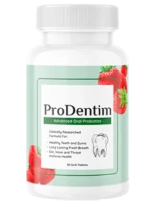 White bottle of "ProDentim" advanced oral probiotic supplement. The light green label features strawberries and a tooth illustration, stating it's a clinically researched formula for healthy teeth and gums, long-lasting fresh breath, and ear, nose, and throat health. Contains 30 soft tablets.