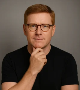 Professional headshot of Ryan Bennett, wearing glasses and a black shirt, posing thoughtfully against a neutral gray background.