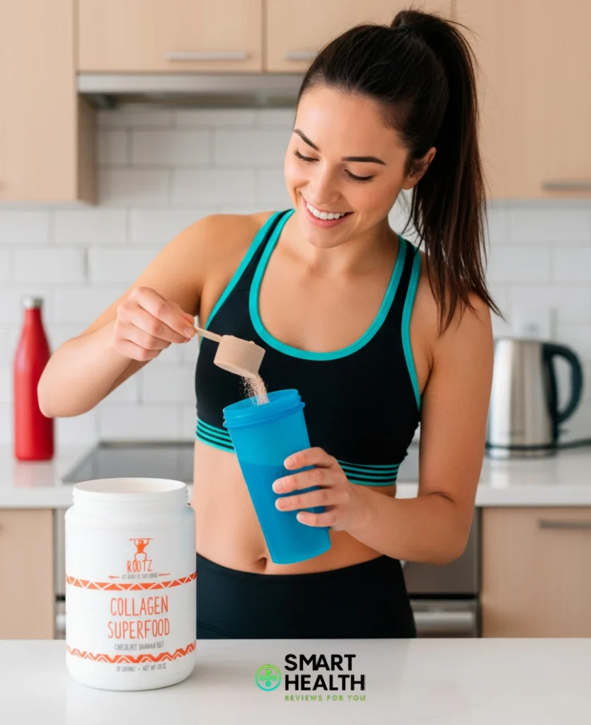 Woman preparing Rootz Collagen Superfood for skin health and wellness.